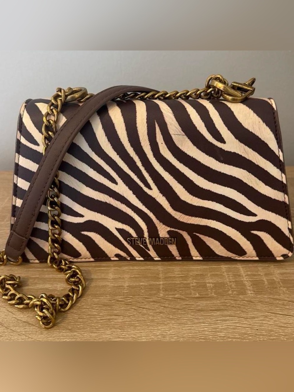 Steve Madden Brown and Cream Zebra-Print Chain Shoulder Bag